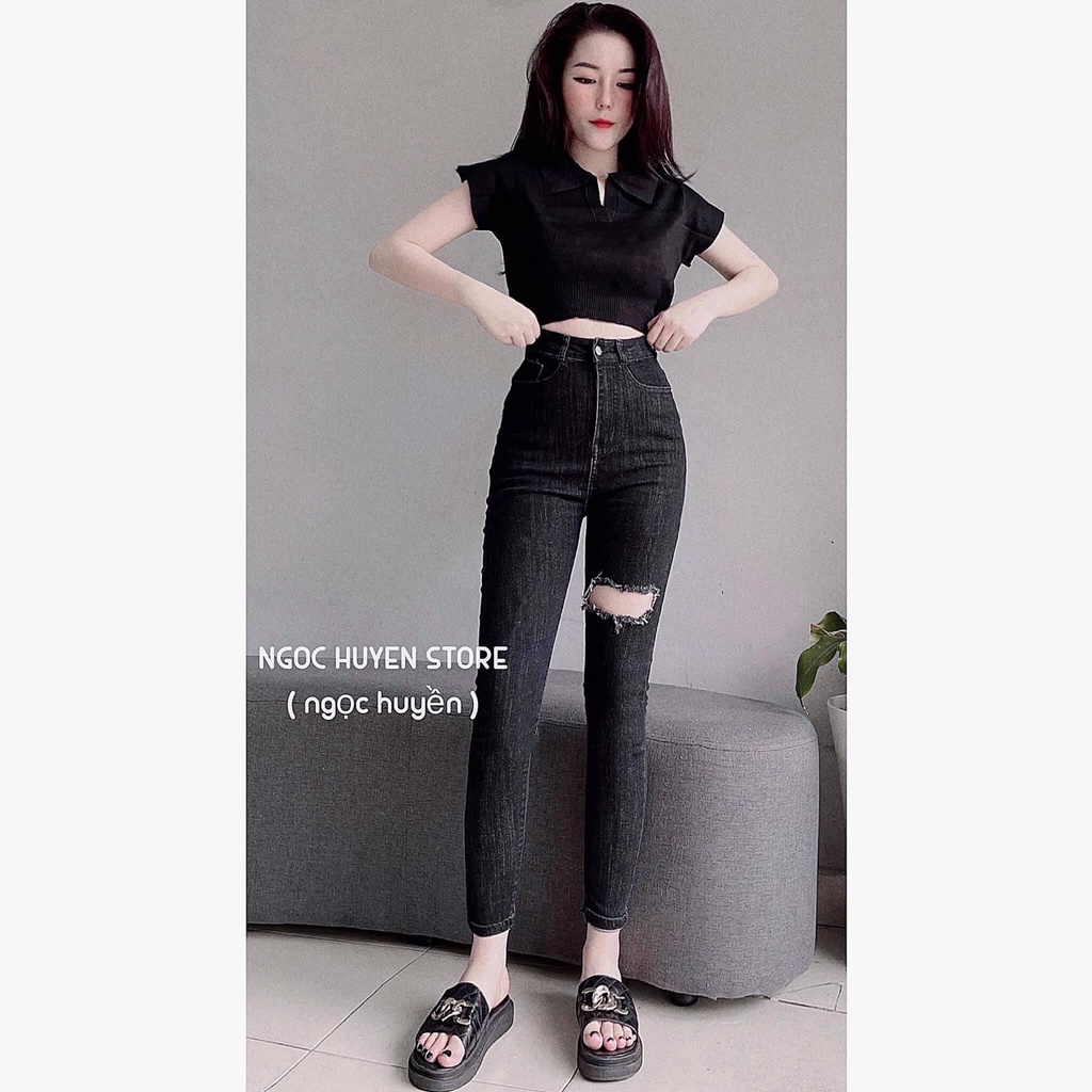 Quần jean nữ ôm giãn mầu đen, quần rách, quần bò Cạp cao phối món đồ nào cũng nét căng nhé các nàng