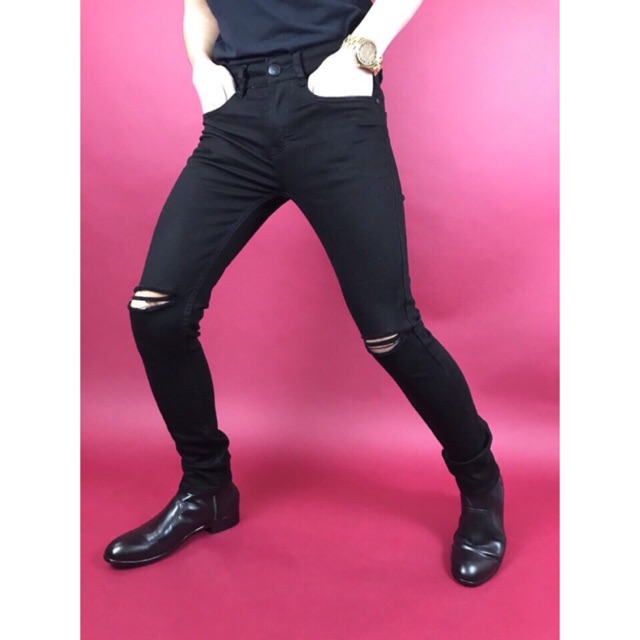 Quần jean đen skinny rách gối