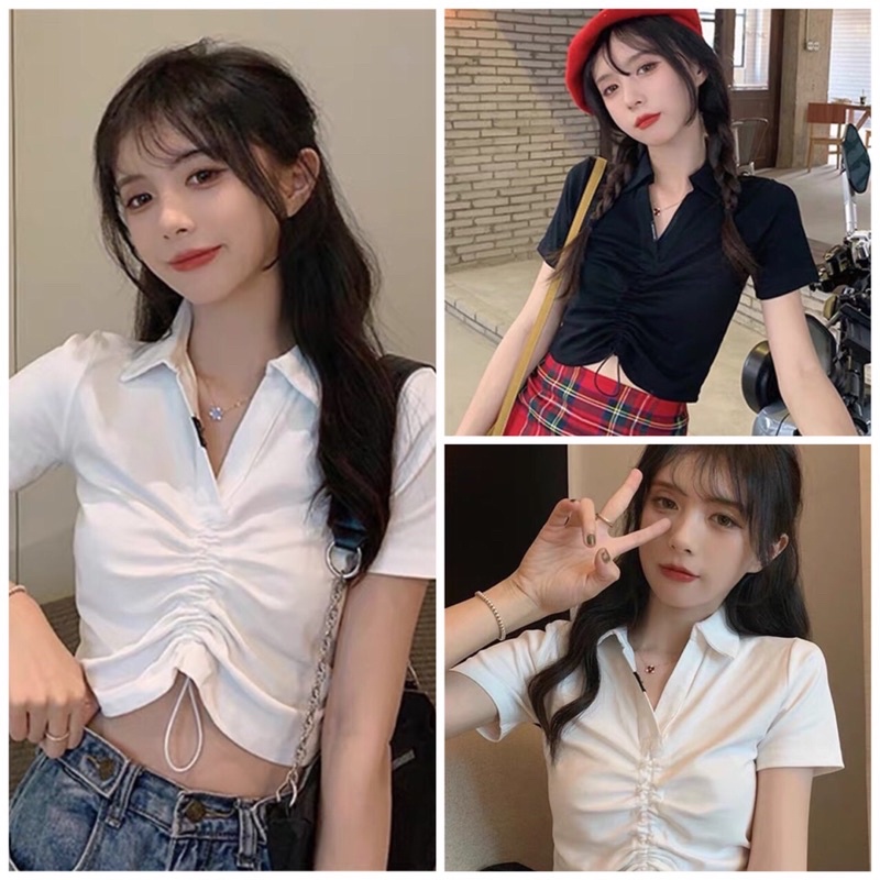 Áo kiểu Polo croptop phối dây chít siêu cute