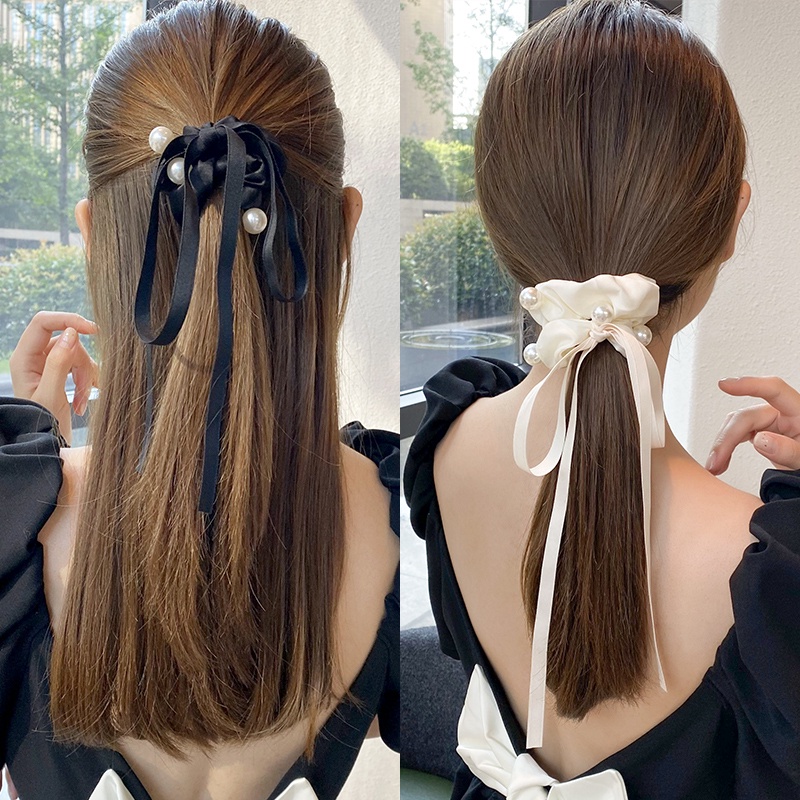 Dây buộc tóc co giãn thắt nơ đính ngọc trai phong cách Hàn Quốc cho nữ