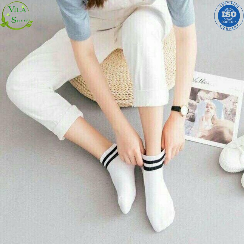 (Set 5 Đôi) Tất Vớ Nam Nữ, Tất Thể Thao, Vớ Kẻ Sọc Ngang Chất Liệu Cotton Phong Cách Hàn Quốc
