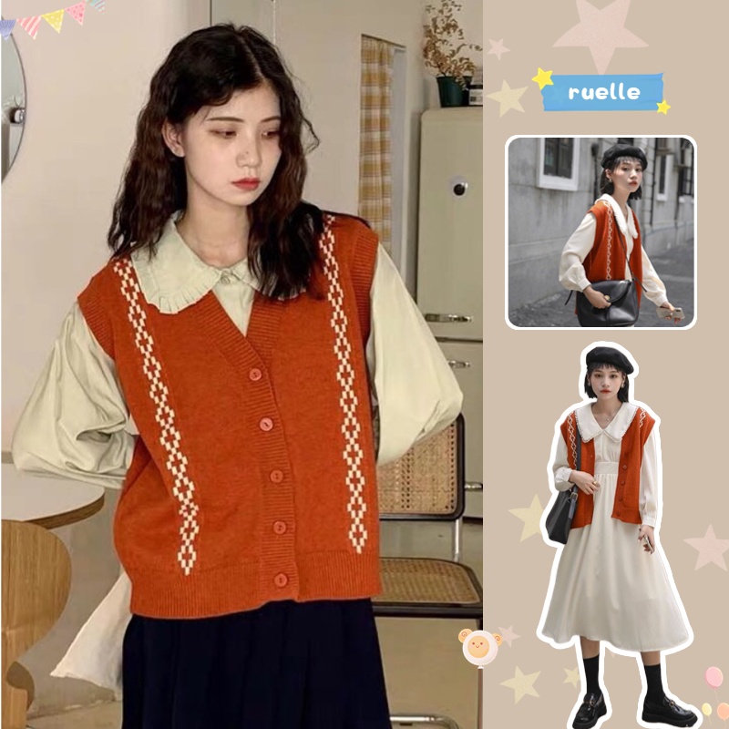 Áo Dệt Kim Sát Nách Cổ Chữ V Màu Cam Phong Cách Retro Thời Trang Cho Nữ