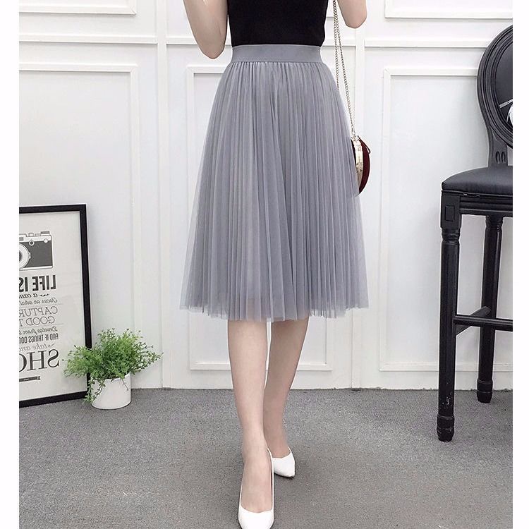 Chân váy Midi ngắn lưng thun phối lưới màu đen thời trang chất lượng cao cho nữ