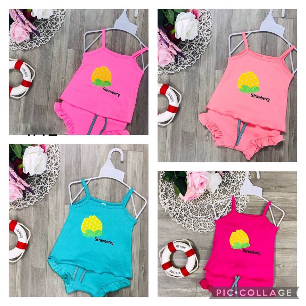 ( Khuyến mãi ) Combo 4 Đồ bộ áo hai dây quần chip hình trái dâu cho bé từ 6kg-26kg.BDBG46. .