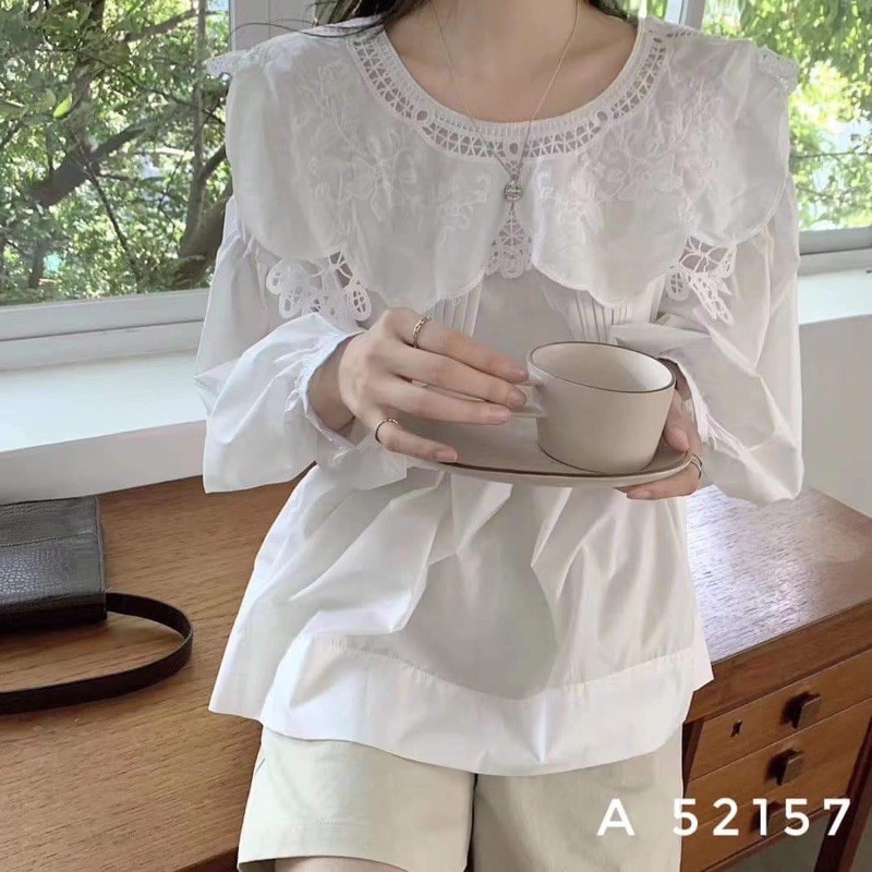 Áo Sơ Mi Trắng Cổ Sen Phối Ren Tiểu Thư Dáng Babydoll Siêu Xinh, Áo Kiểu Nữ Chất Thô Mềm Hàng Đẹp Loại 1