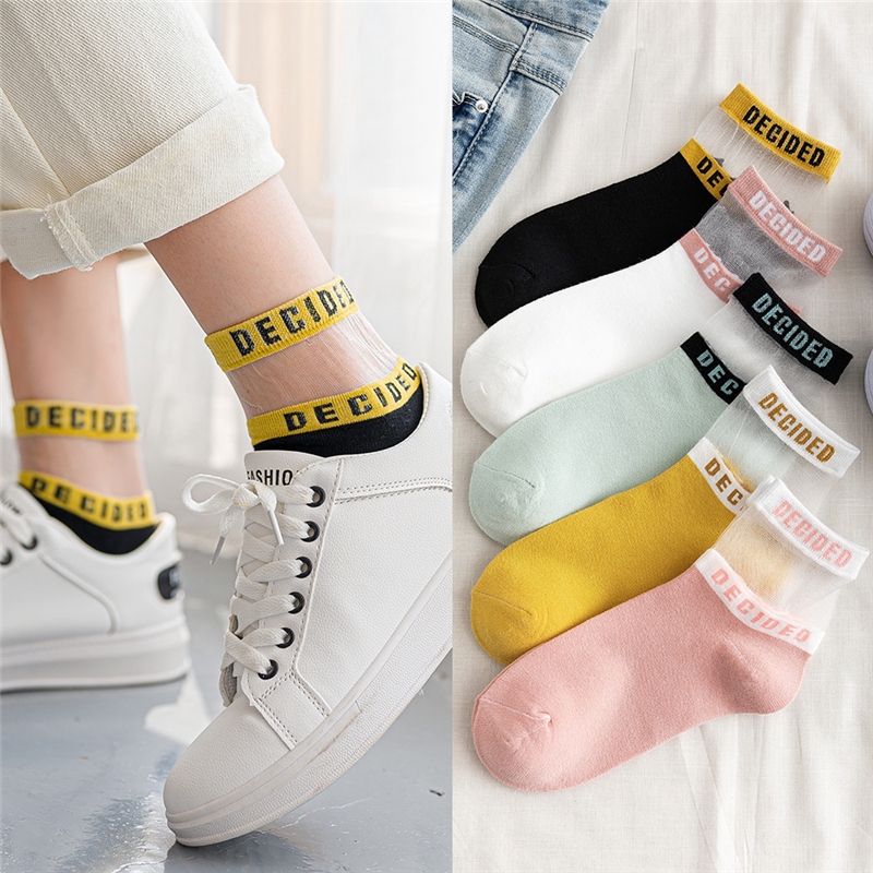 Vớ vải tuyn lưới trong suốt 100 vải cotton Nhật Bản dành cho nữ in chữ