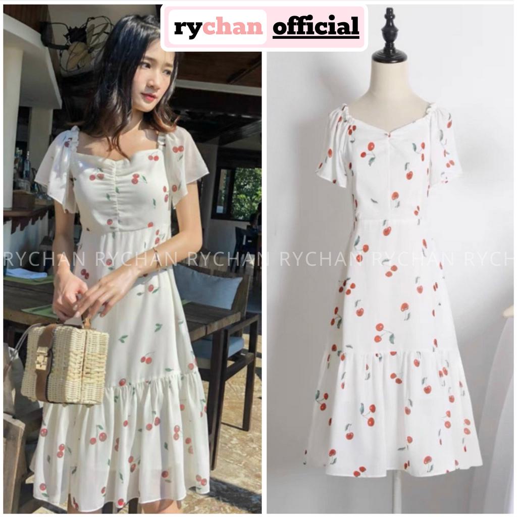 [ẢNH THẬT CUỐI] Đầm Váy Nữ Cổ Vuông Nhún Ngực Họa Tiết Cherry Đỏ Sang Chảnh, Đầm Nữ Đi Cafe Dáng Xòe Màu Trắng - DX170