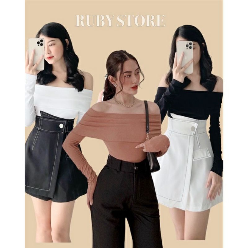 Set áo bẹt vai tay dài len kèm chân váy viền chỉ xịn xò