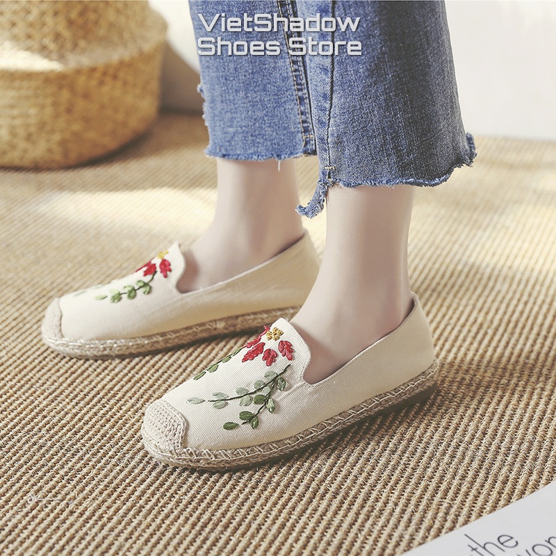 Slip on cói nữ - Giày lười vải đính hoa - Chất liệu vải bố 3 màu be, đen và đỏ - Mã SP X-11