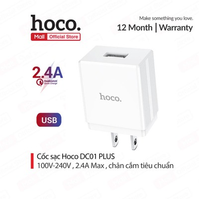 Củ sạc 2.4A Hoco DC01 Plus 1 cổng USB chân dẹt chất liệu chống cháy cao cấp