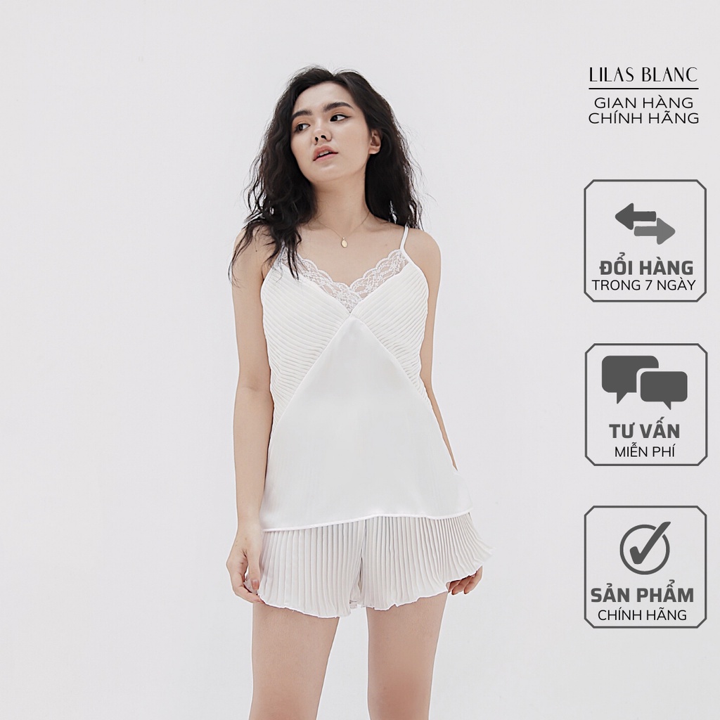 Bộ Pyjamas Nữ Mặc Nhà Áo Cộc Quần Cộc Chất Liệu Lụa Thiết Kế Hai Dây Phối Ren Feather Camisole Set Trắng LILAS BLANC