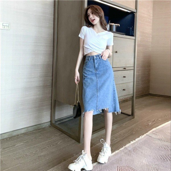 Chân Váy Jean Cạp Cao Rách Gấu Phong Cách Ulzzang - A5