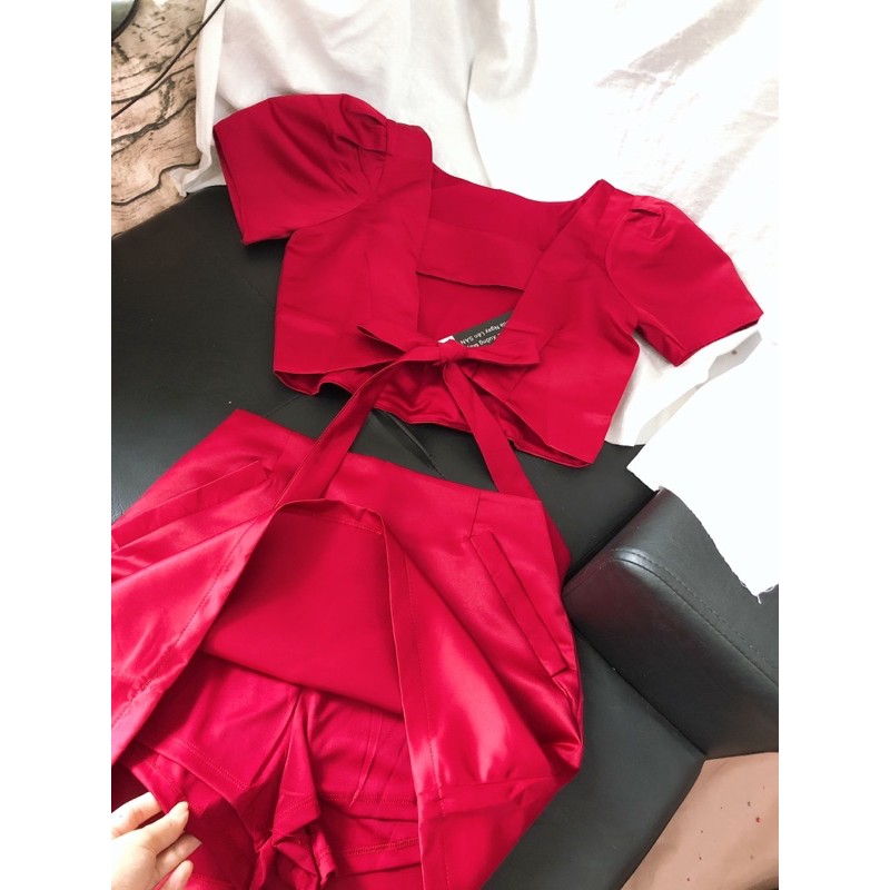 Sét đi tiệc áo tay phồng cột nơ sau + chân váy có lót quần xinh ngất ngây hàng cao cấp giá rẻ S002))VDVDVDVD