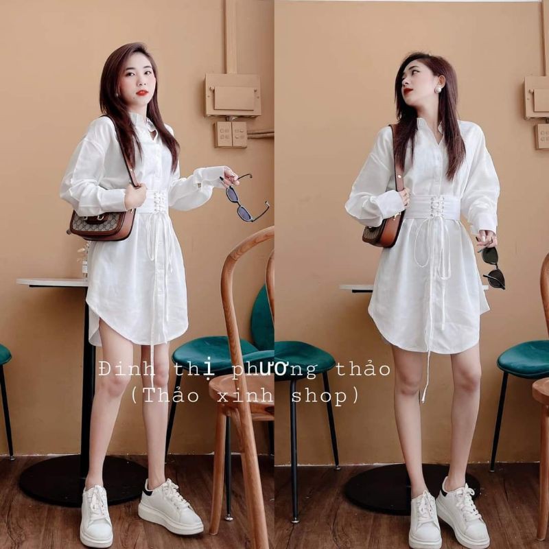 set áo sơ mi trắng đan dây eo tay bồng xinh xắn