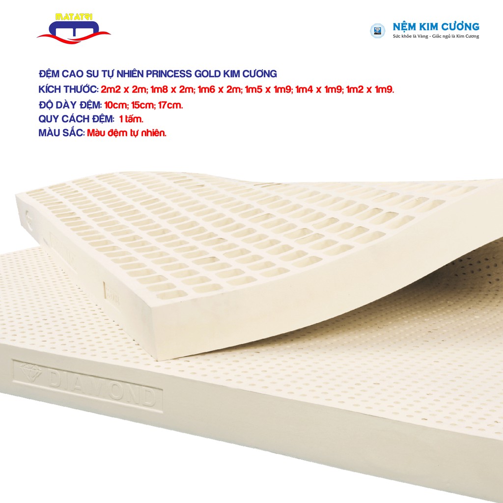 Đệm cao su thiên nhiên xuất khẩu chính hãng Kim Cương PRINCESS GOLD cao 5-10-15-17 cm.