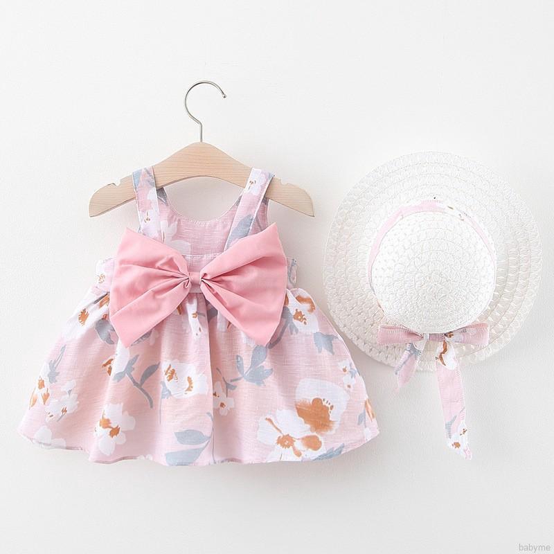 ♕ babyme ღ Baby Girls Floral Dress Suspenders Sweet Bow Dresses + Hat Set