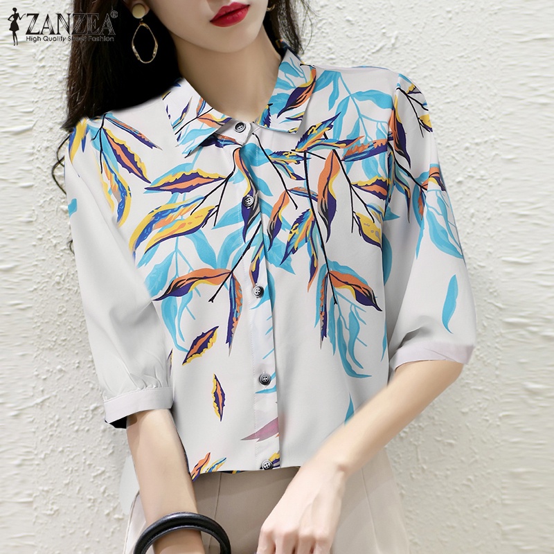 Áo sơ mi ZANZEA tay lửng cổ bẻ in họa tiết thanh lịch thời trang dành cho nữ