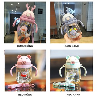 Bình nước cho bé đi học có ống hút chống sặc dây đeo giá rẻ có tay cầm cute cao cấp Luvamo BN01