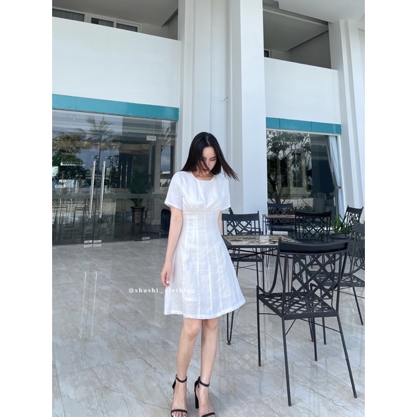 SHU SHI - Đầm Linen Cổ Tròn Ghép Mảnh ( ảnh chính chủ )