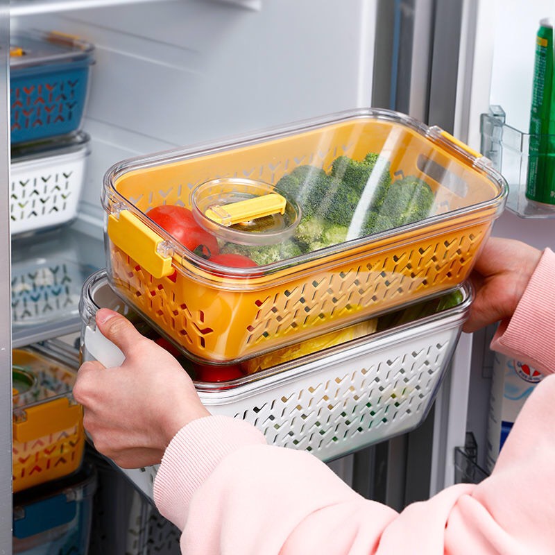 Hộp đựng thực phẩm để tủ lạnh 2 lớp, có lỗ thoáng, có khóa thoát khí, thước báo thời gian bảo quản