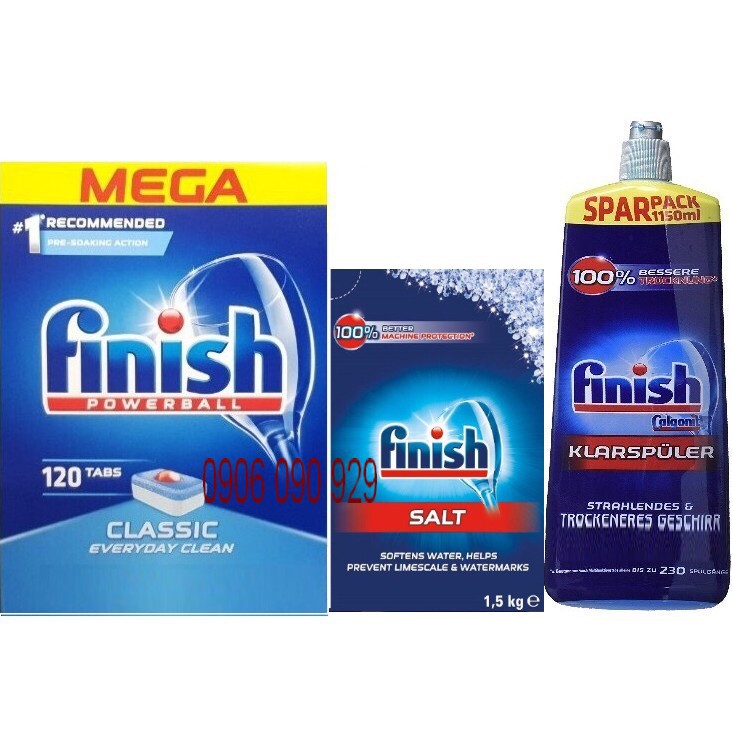 Combo hộp 120 viên Finish+ nước bóng 1150ml + 1.5kg muối rửa bát dùng cho máy rửa bát chén