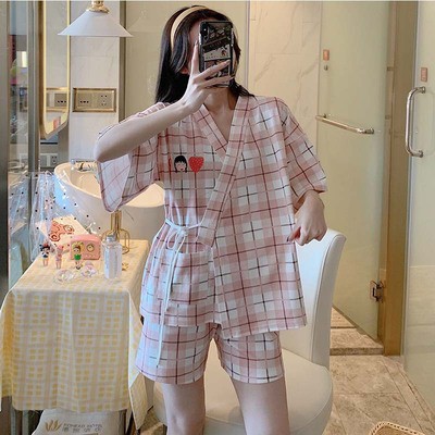 [SẴN HOẠT HÌNH XXL]Bộ đồ ngủ mặc nhà pijama kimono nhật bản áo cổ V tay ngắn+quần short ngắn dễ thương ulzzang ( 2 màu )