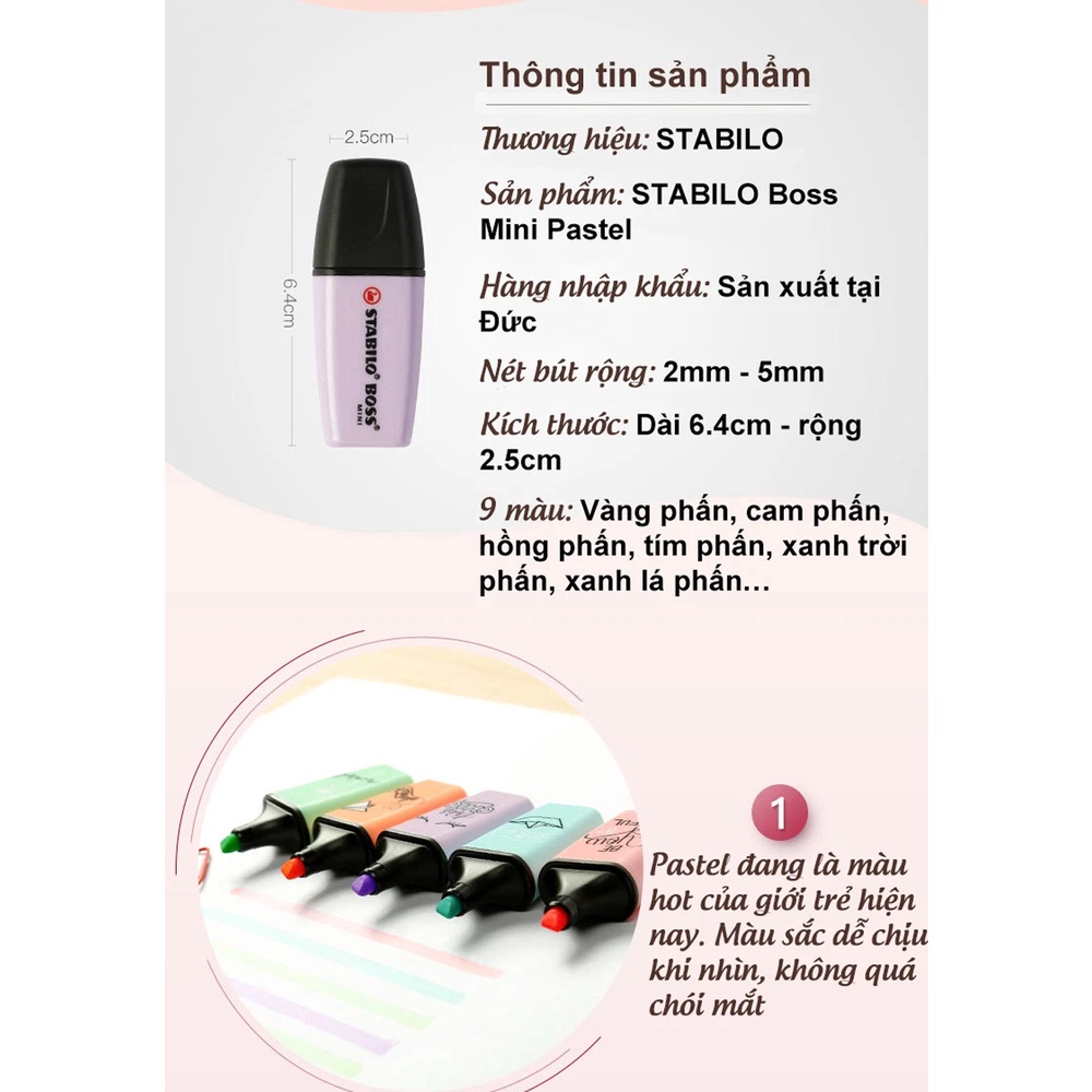 Hộp 10 Bút dạ quang STABILO BOSS MINI Pastel (HLP07/10)