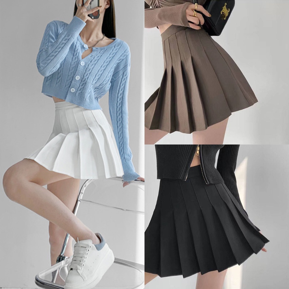 Chân váy tennis xếp ly LILY dáng xòe ngắn có lót trong chất tuyết mưa cạp lưng cao màu trắng đen nâu MS05