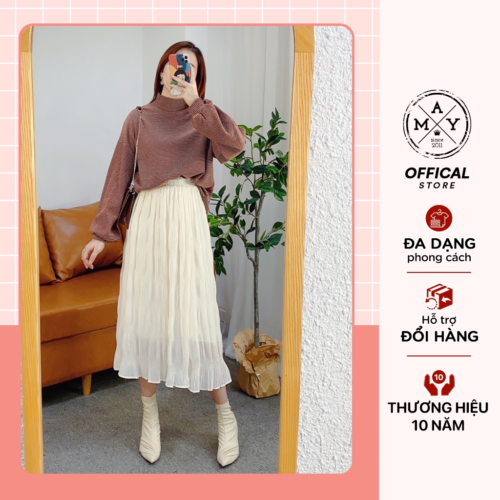 Chân Váy Midi Dài MAY.SINCE2011, Chân Váy Dài Kiểu Dáng Nhăn Cá Tính MBE02-0236