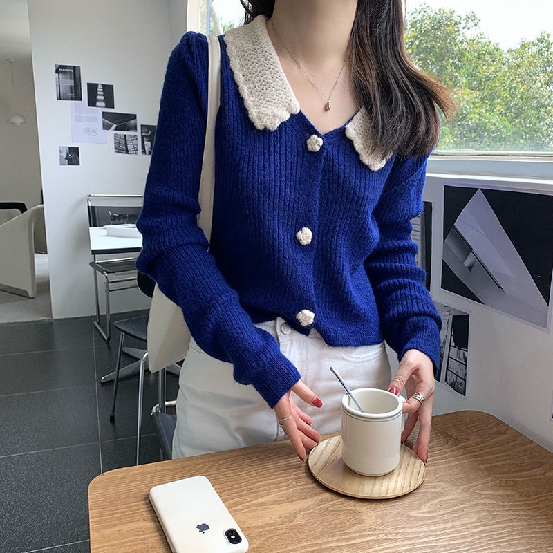 Áo Khoác Cardigan Dệt Kim Cổ Búp Bê Màu Xanh Dương Phong Cách Retro Thời Trang Thu Đông Cho Nữ