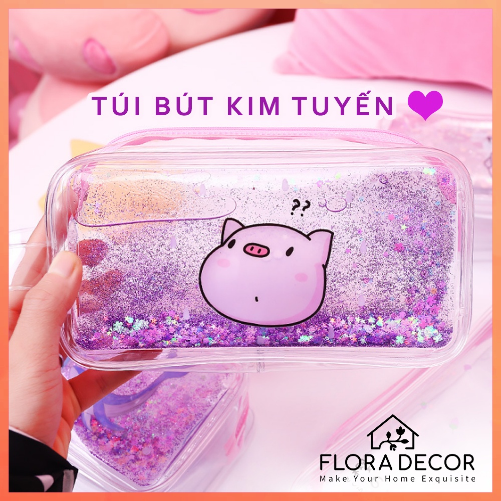 Hộp bút, túi bút trong suốt kim tuyến Flora Decor đựng bút, viết, mỹ phẩm chất liệu silicon nhũ bóng