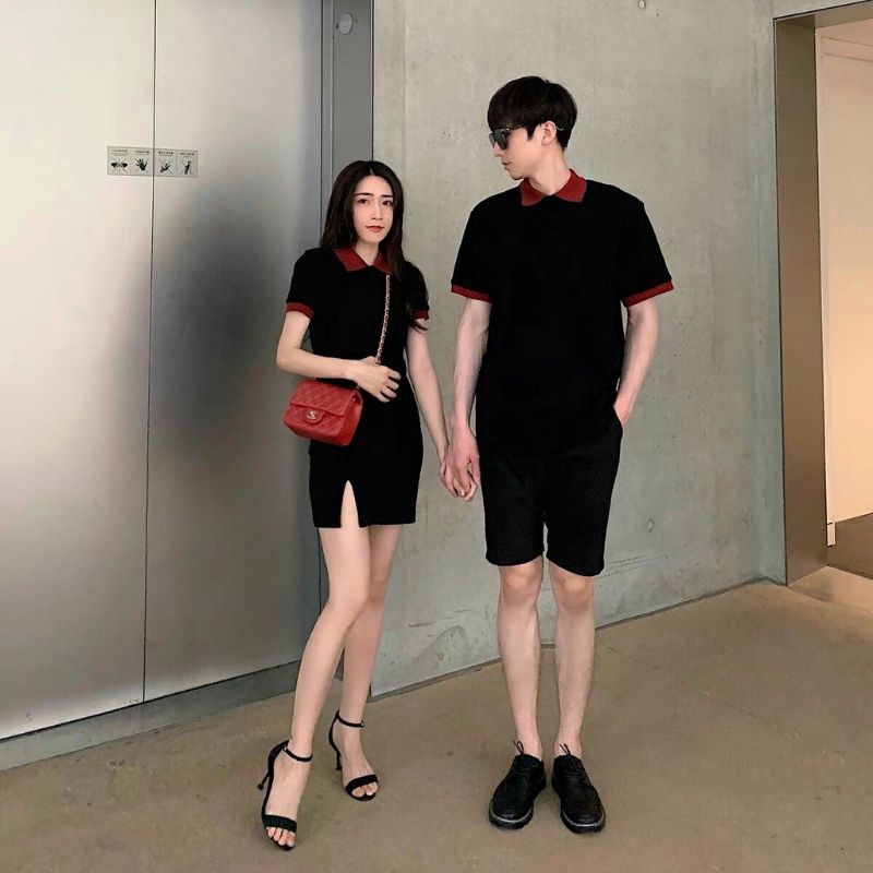 Váy thun đôi nam nữ polo cổ bẻ trang trí