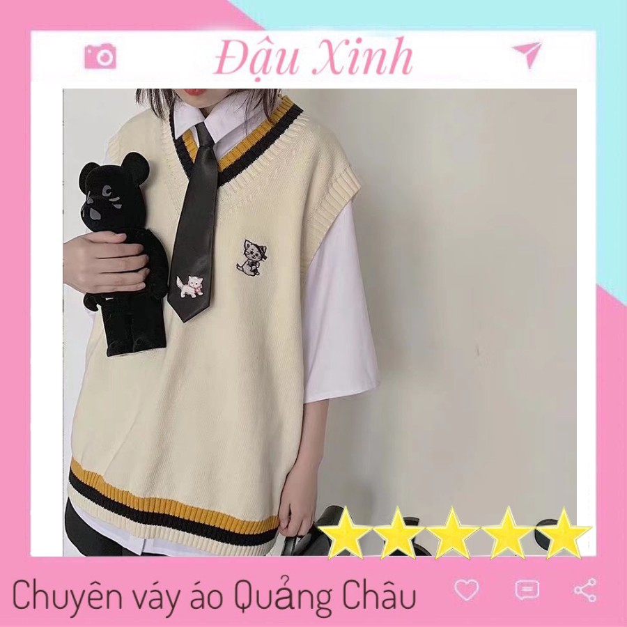 Áo len gile Ulzzang mác mèo mẫu Hàn quốc phối đồ cực xinh kiểu cổ chữ v - 012