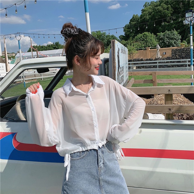 Áo sơ mi nữ croptop kiểu cột dây tay dài form rộng vải mỏng hàng Quảng Châu ANDOSA SM23