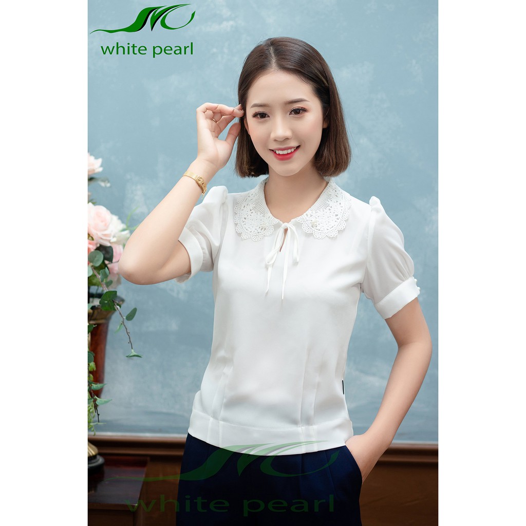 Sơ mi bo gấu nữ thời trang công sở cao cấp tay ngắn cổ tròn chất vải mềm mịn đỏ xanh trắng WHITE PEARL