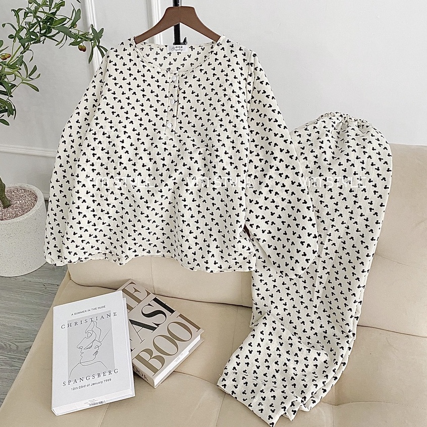 Đồ bộ ngủ nữ tay dài xốp cổ tròn cài nút mặc nhà họa tiết hàn quốc dáng rộng dài Fmstyle Saigon21DB10EP2201-21DB11EP2501 | BigBuy360 - bigbuy360.vn