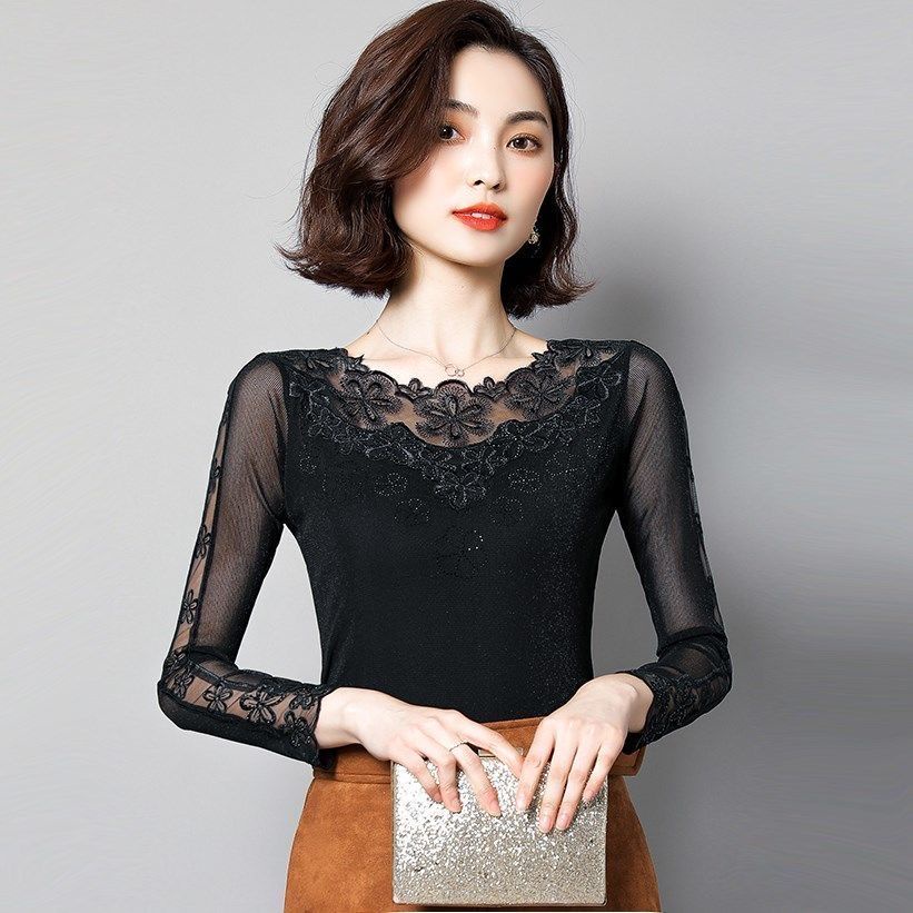 Áo thun tay dài cổ tròn phối ren lưới cỡ lớn thời trang thu đông dành cho nữ