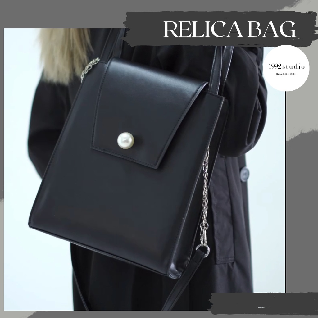Túi xách nữ/ 1992 s t u d i o/ RELICA BAG/ túi xách nữ đeo vai, đeo chéo, size lớn, màu đen, không đựng vừa laptop