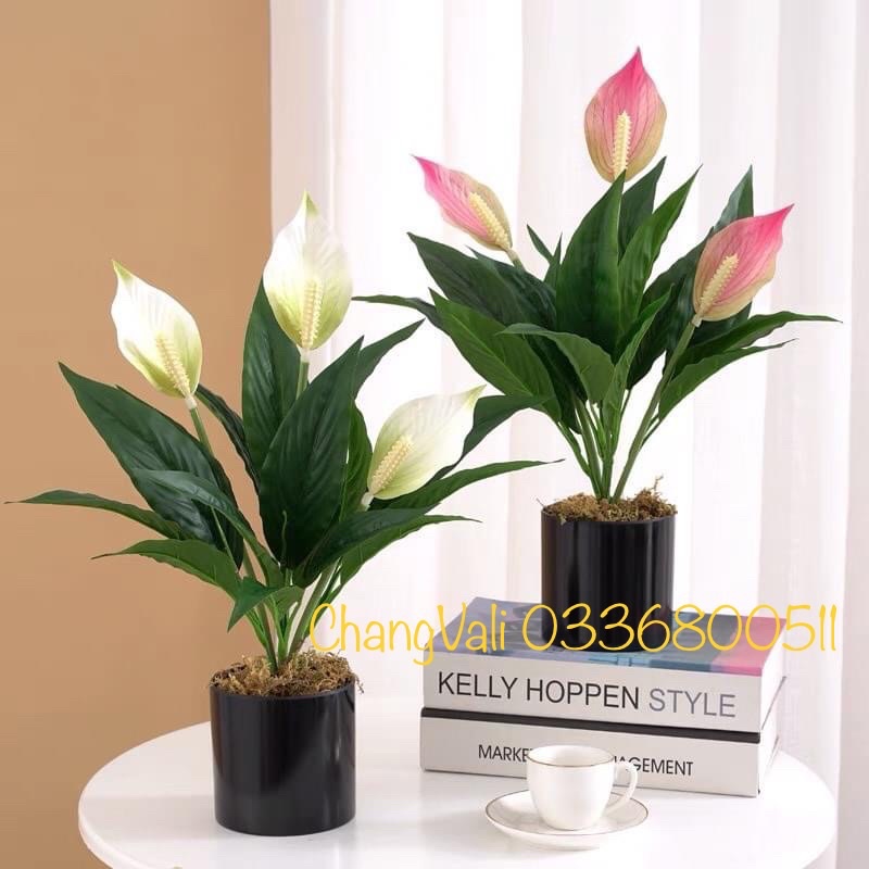 Chậu Lan Ý giả decor nội thất -chậu 3 cụm 9hoa siêu sang