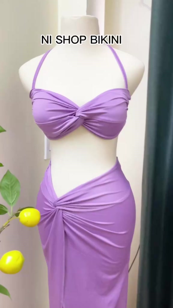 Bikini áo tắm đi biển Set 3 chi tiết màu tím áo váy xoắn cao cấp | BigBuy360 - bigbuy360.vn