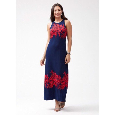 Đầm thun Maxi Tom.my ba.h.a.ma xanh hoa đỏ hàng vnxk dư xịn