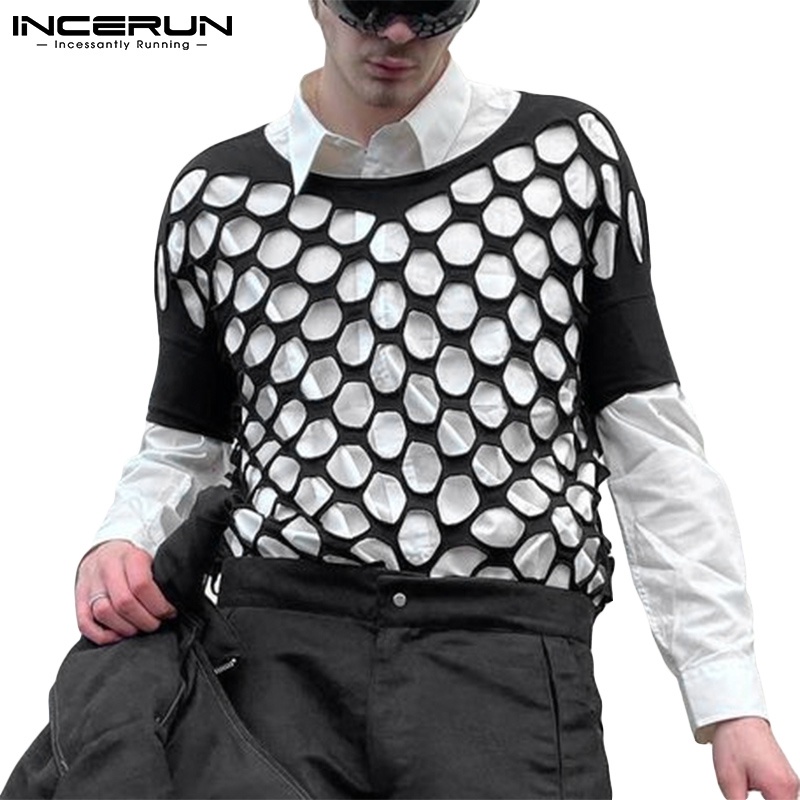 Áo thun INCERUN thiết kế tay ngắn cổ tròn màu đen thiết kế lỗ thời trang cho nam