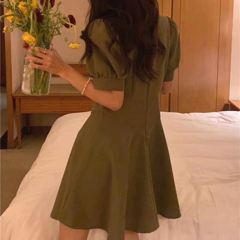 SUXI Đầm Tay Ngắn Màu Sắc Trơn Phong Cách Vintage Hàn Quốc