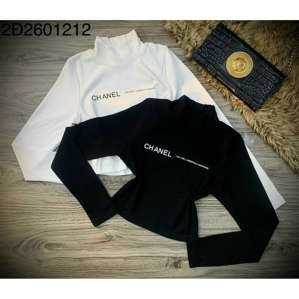áo kiểu cổ lọ xinh tay dài in chữ sang chảnh croptop xinh tôn dáng