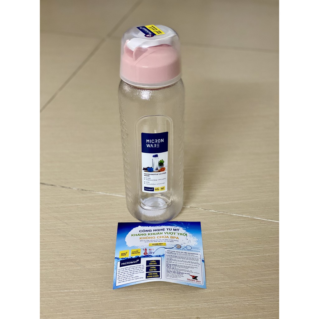 BÌNH NƯỚC NHỰA ĐẸP 1.2L MICRON WARE, loại lớn 1.2 lit, chai chứa nước đem theo đi học, water bottle, thể thao đi làm