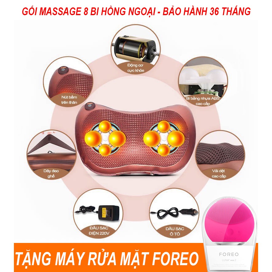 Gối massage hồng ngoại 8 bi mát xa cổ vai gáy đa năng cao cấp tự động đảo chiều