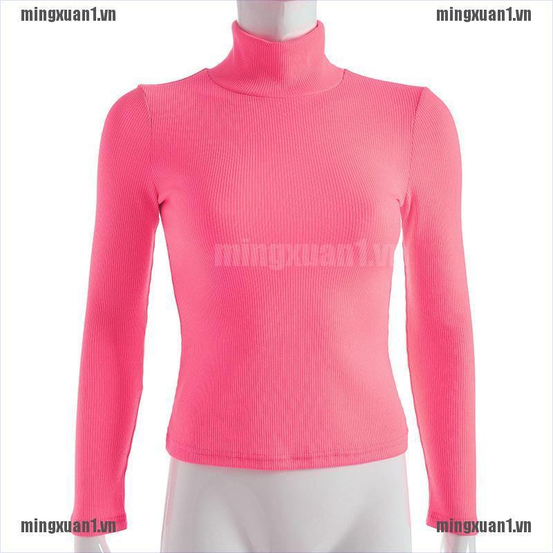 MINON Autumn Winter Neon Color Ribbed TShirt Women Turtleneck Fashion Knitted Tops Tee VN