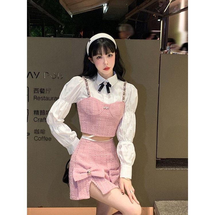Set Đồ Gồm Chân Váy Lưng Cao Đính Nơ Màu Hồng Nhỏ Phong Cách Preppy Dễ Phối Đồ Thời Trang Mùa Hè Mới