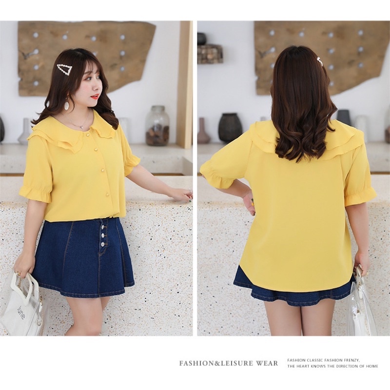 Áo sơ mi kiểu màu vàng cổ bèo big size size lớn 85-115kg