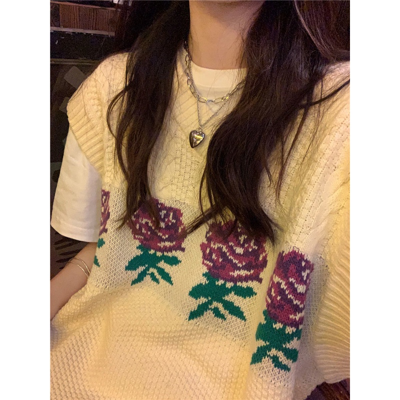 Áo len không tay cổ chữ V họa tiết hoa hồng phong cách Hàn Quốc cổ điển cho nữ sinh